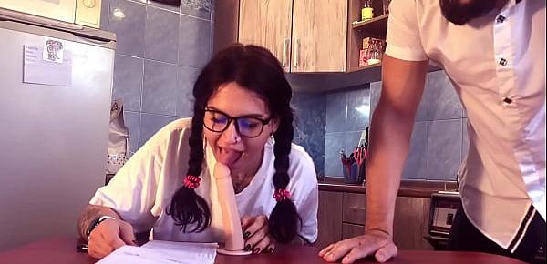  Schoolgirl studying cocksucking and in reward gets big cock, lots of cum on face